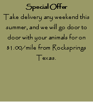 Text Box: Special OfferTake delivery any weekend this summer, and we will go door to door with your animals for on $1.00/mile from Rocksprings Texas.